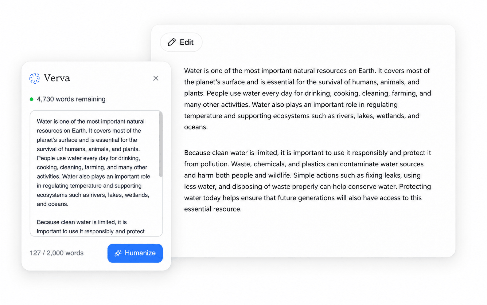Verva Chrome extension alongside a document, with text ready to rewrite using the Humanize button.