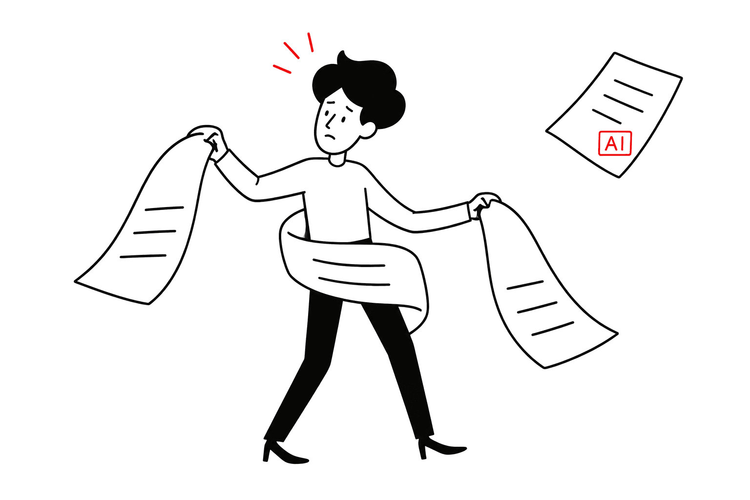 A concerned writer tangled in paper beside a page marked AI.