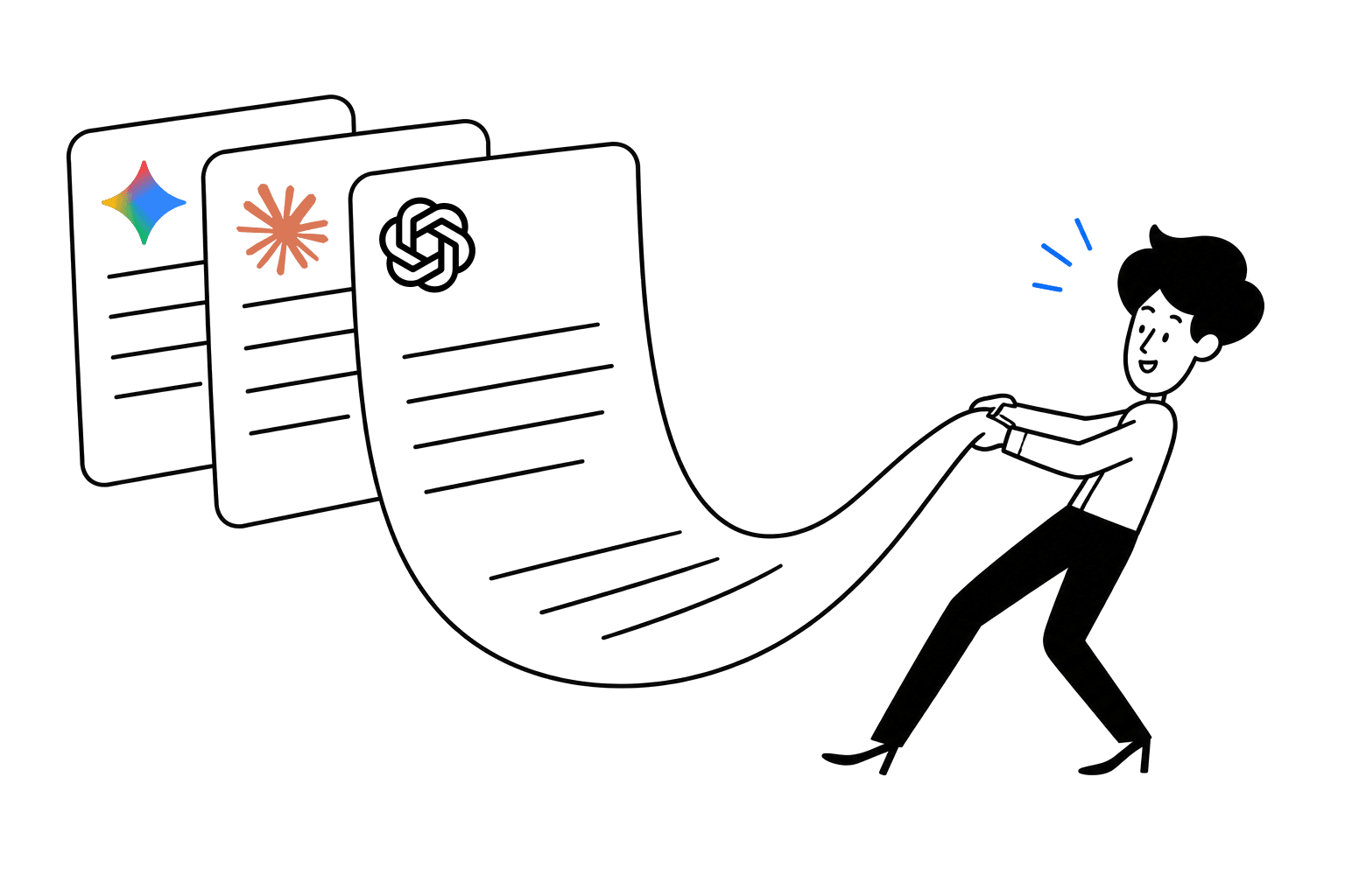 A writer pulling paper from overlapping sheets bearing the ChatGPT, Claude, and Gemini logos.