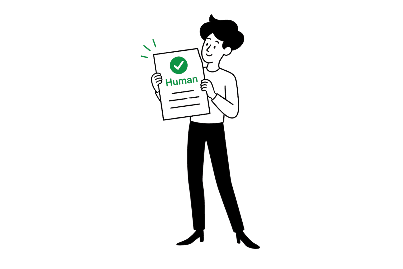 A smiling writer holding a page marked Human with a green checkmark.