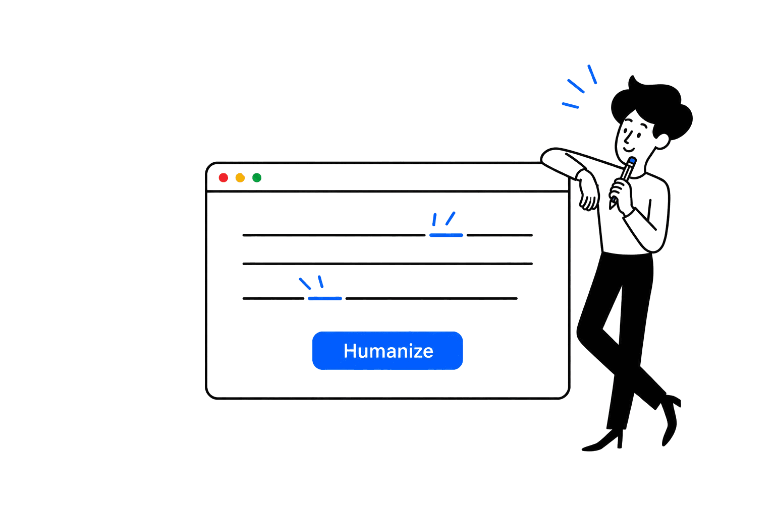 A writer reviewing text beside an editor with a Humanize button.