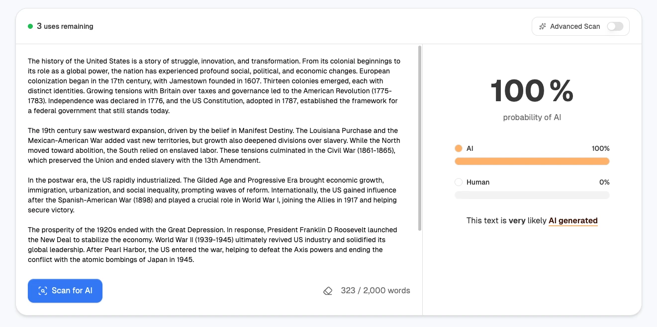 AI detector result showing AI-generated text