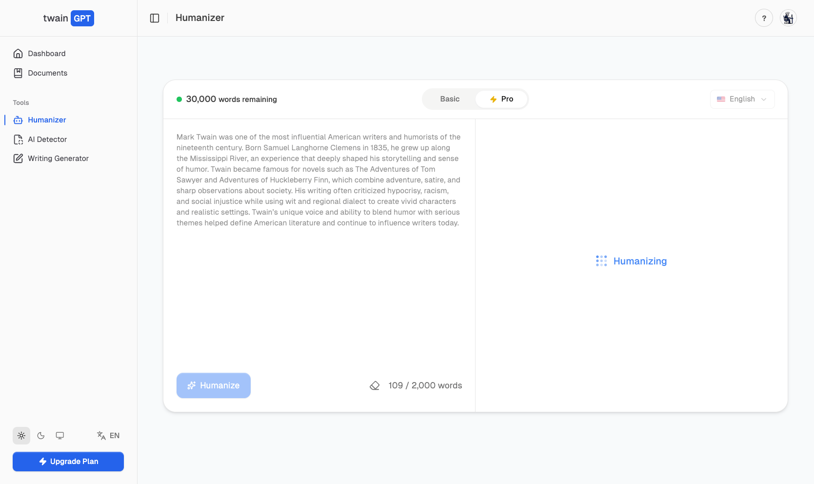 TwainGPT AI humanizer dashboard