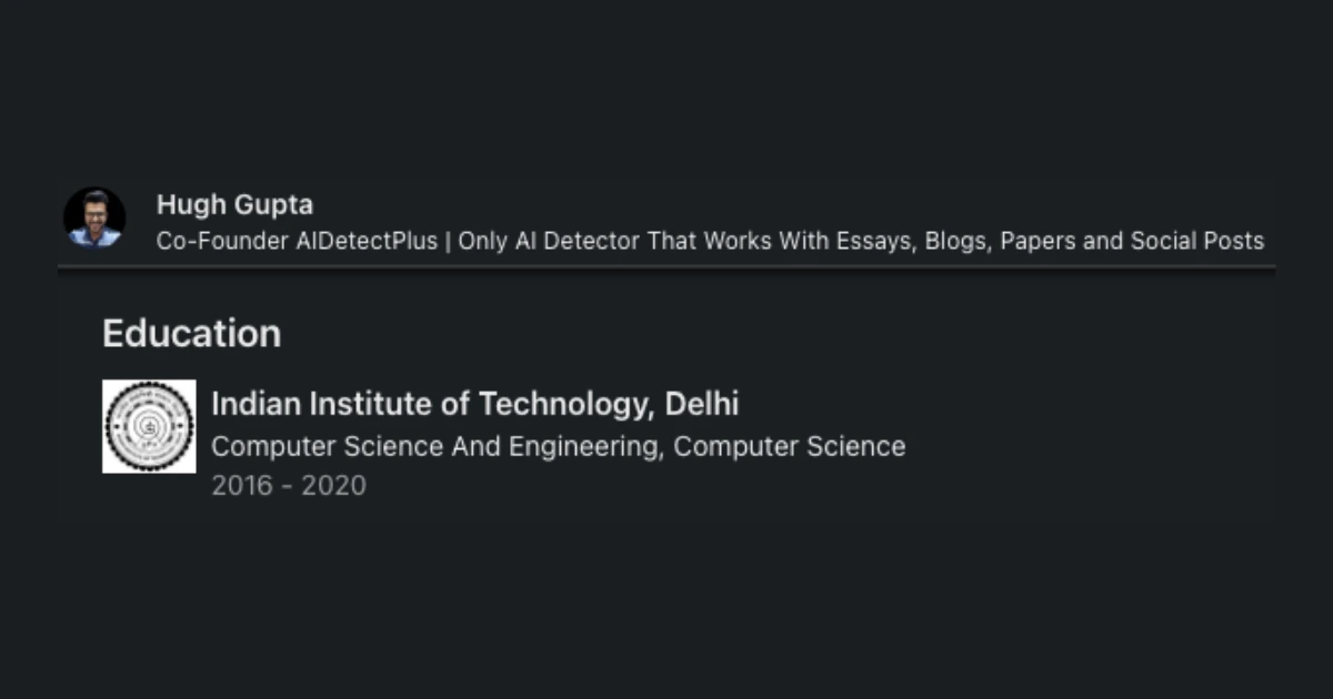 Screenshot of Hugh Gupta’s LinkedIn profile showing IIT Delhi