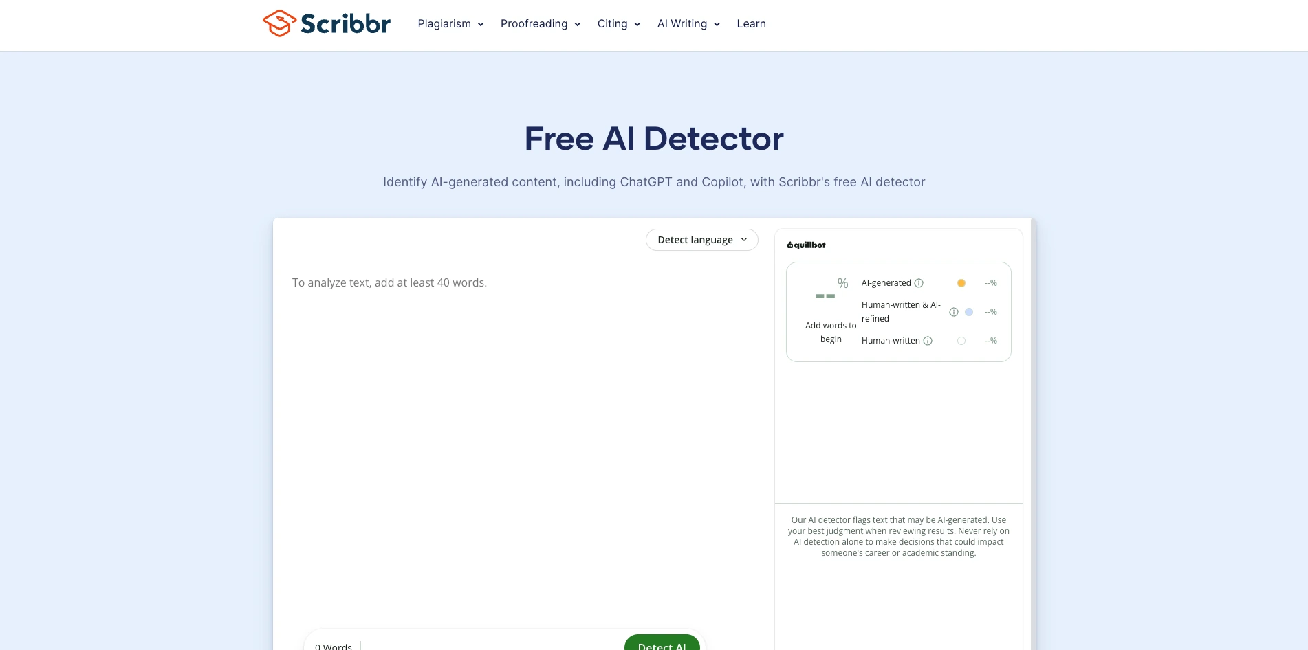 Scribbr AI detector landing page