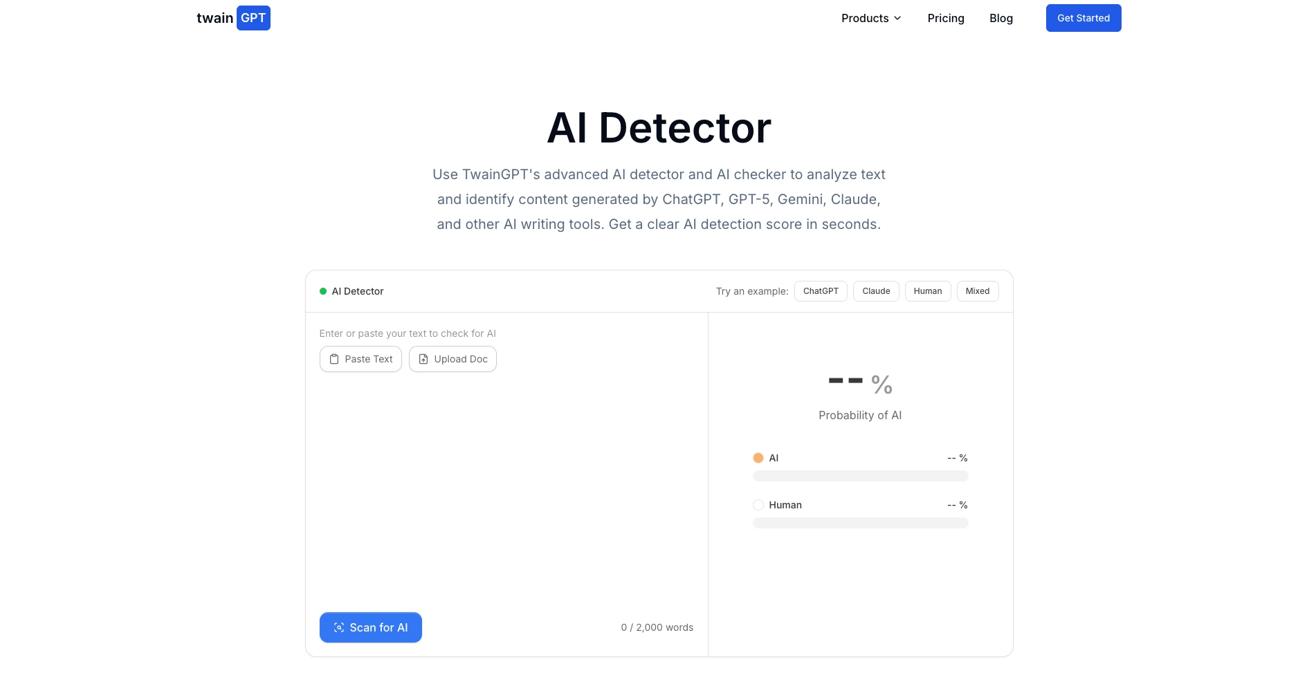 TwainGPT AI detector landing page