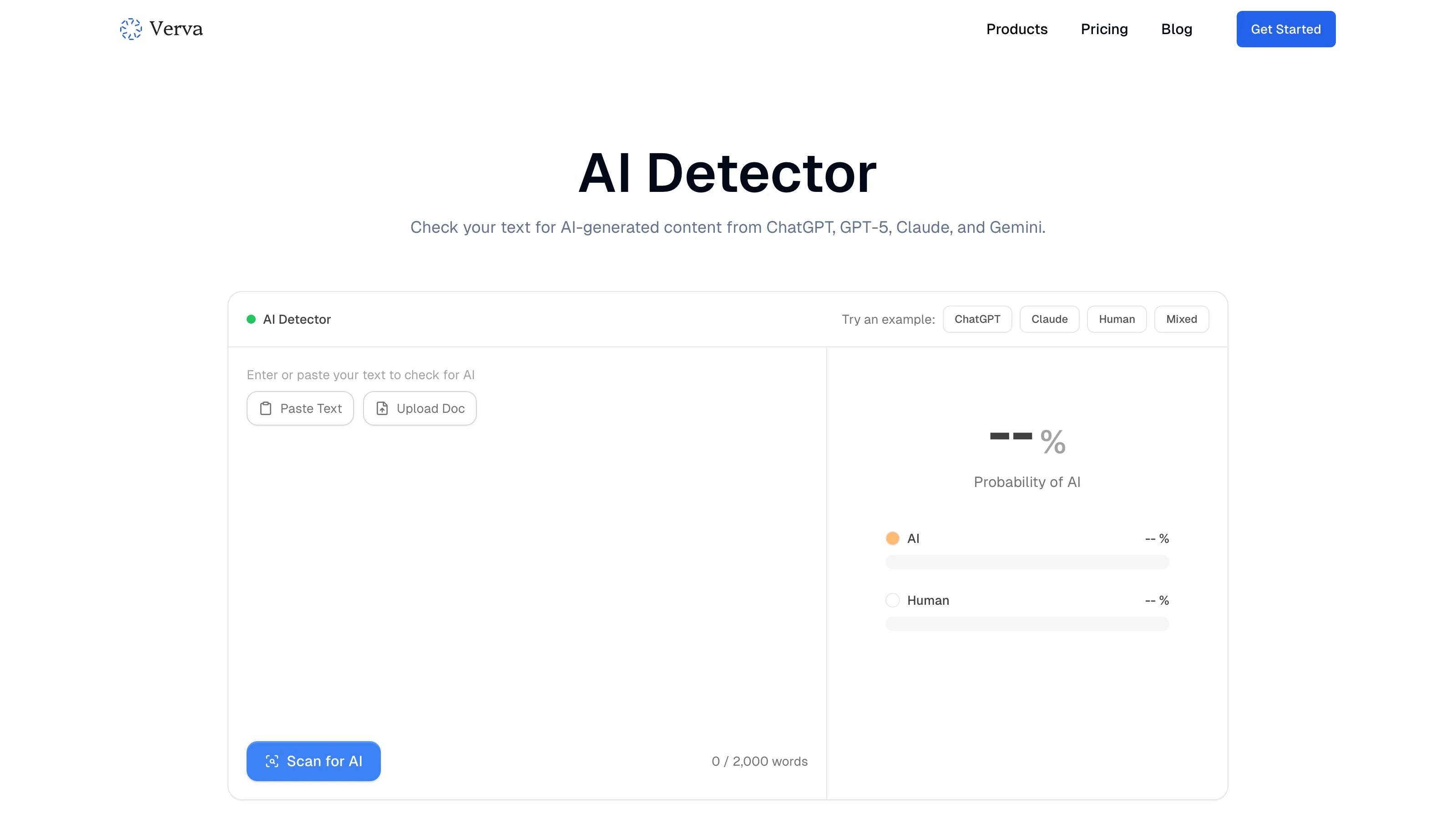 Verva AI detector landing page