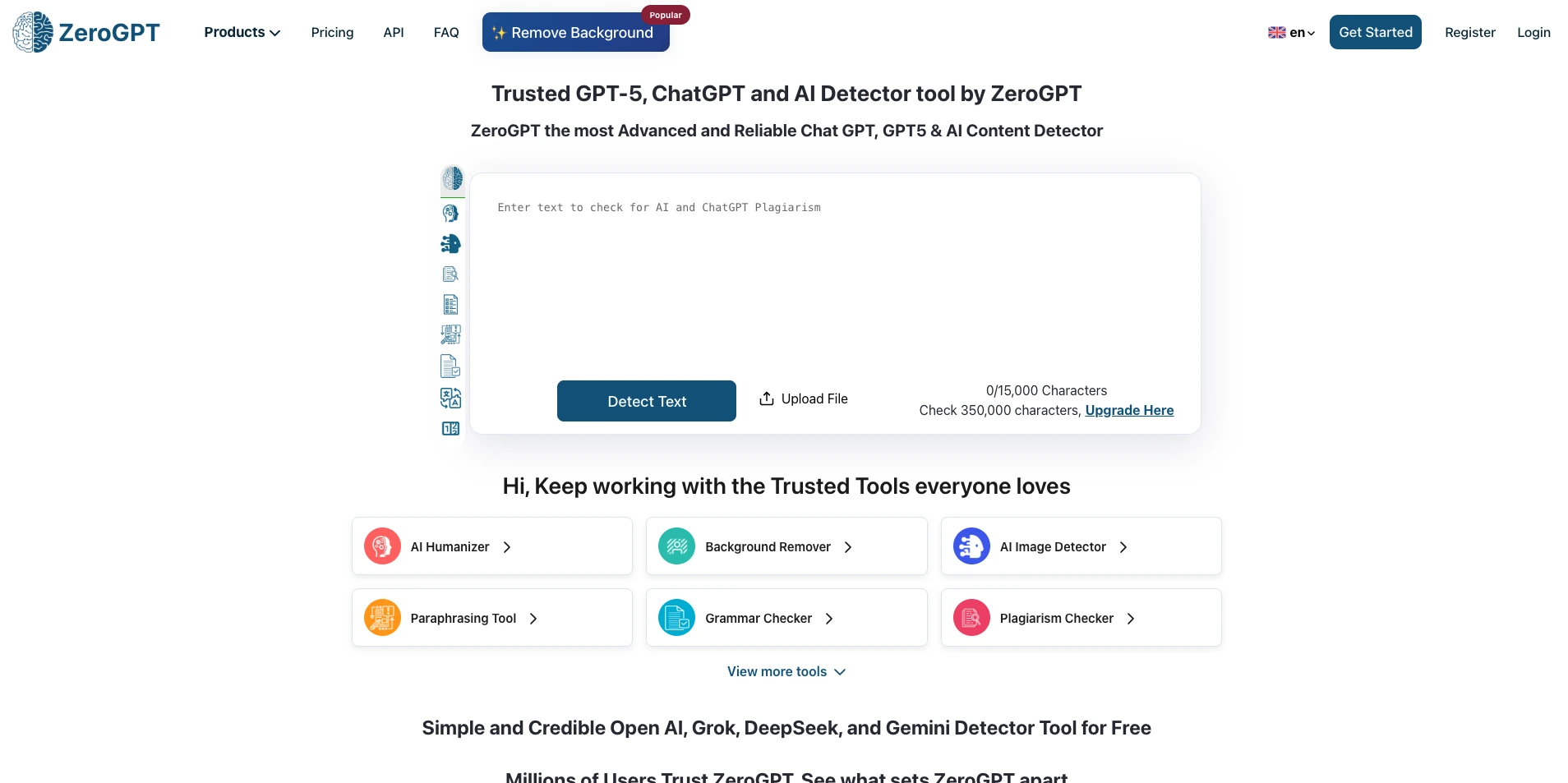 ZeroGPT AI detector landing page