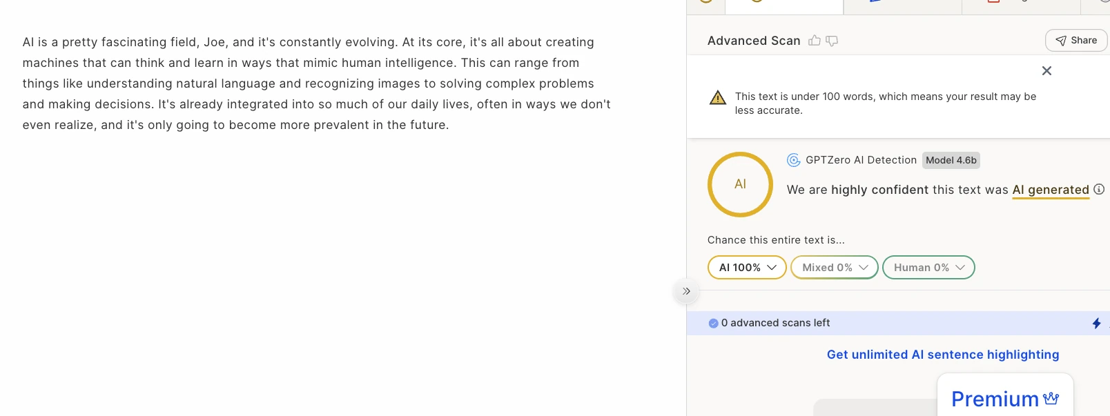 GPTZero detecting Snapchat AI text