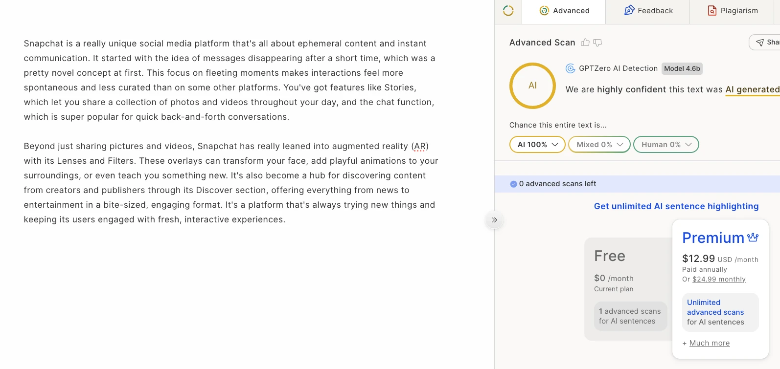 GPTZero detecting a longer Snapchat AI sample