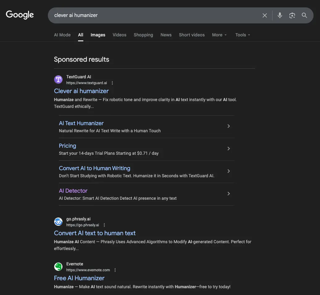 Screenshot showing TextGuard ad attempting to steal Clever AI Humanizer’s traffic