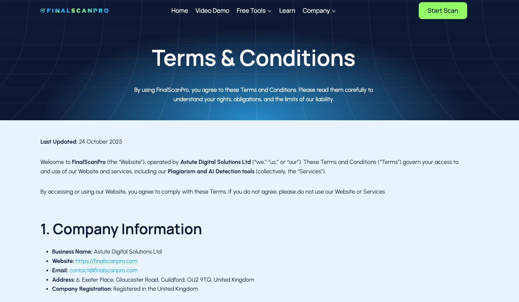 FinalScanPro terms and company information