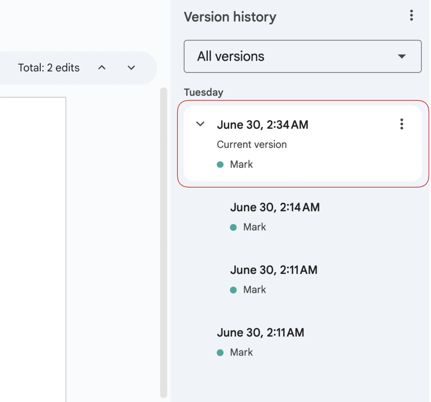 Google Docs version history panel