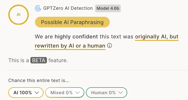 GPTZero possible AI paraphrasing result after manual rewrite