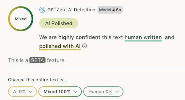 GPTZero AI polished result after manual editing