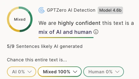 GPTZero mixed result after using AI as a writing reference