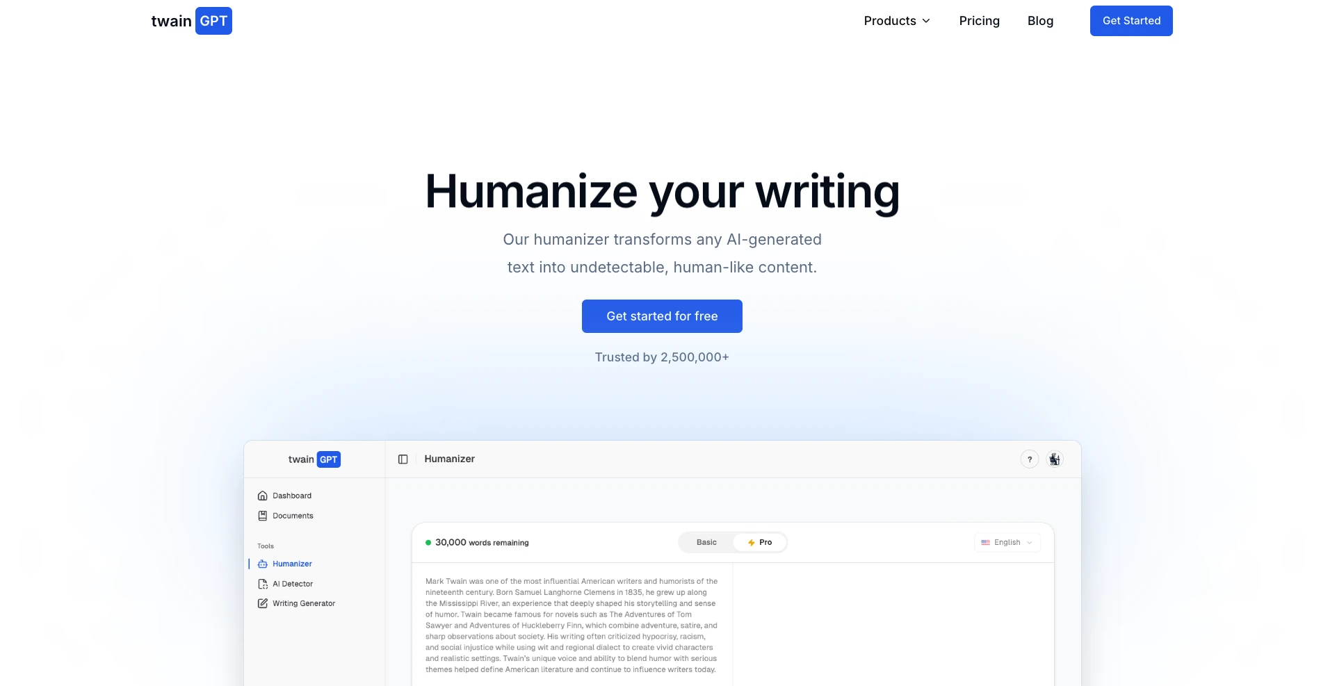TwainGPT AI humanizer landing page