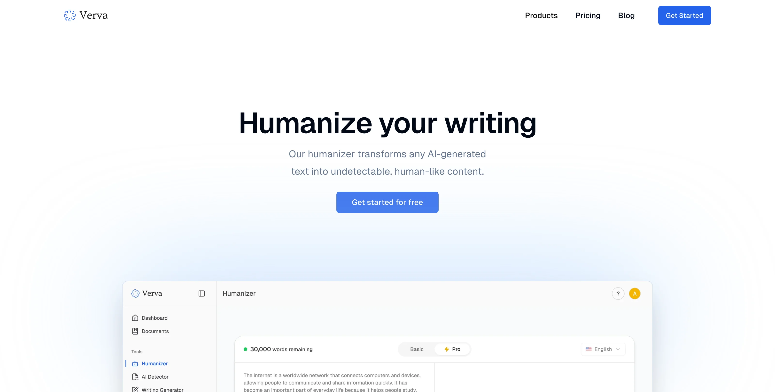 Verva AI humanizer landing page