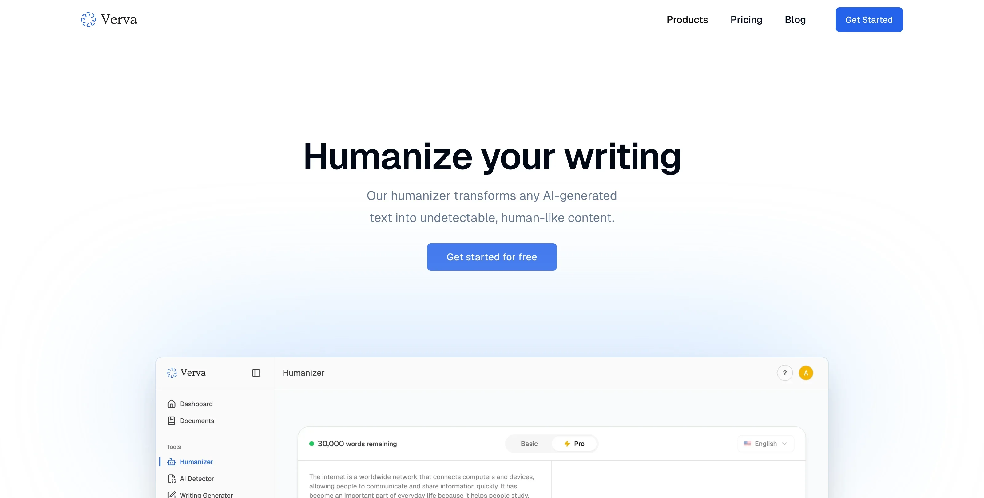 Verva humanizer homepage