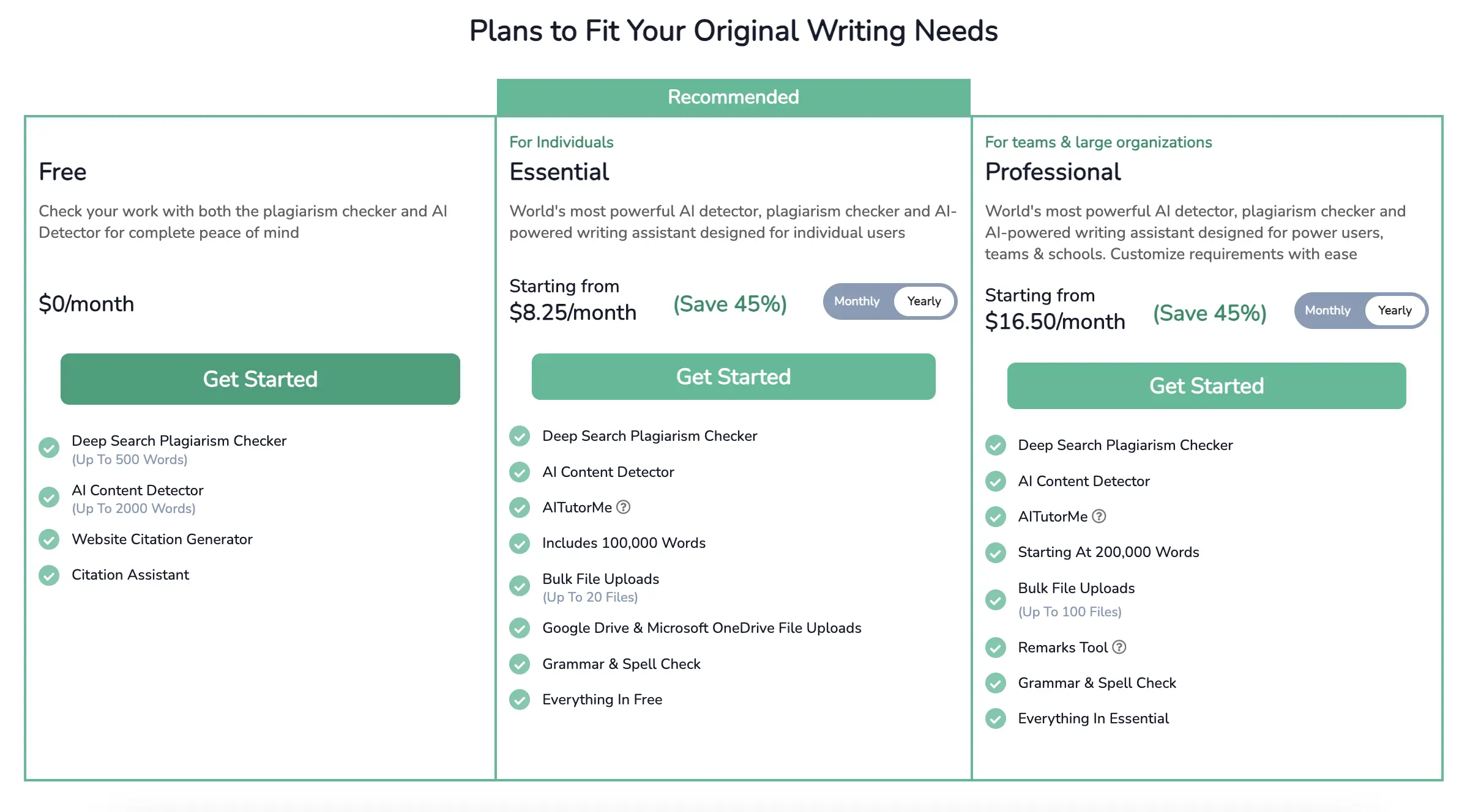 Quetext pricing plans screenshot