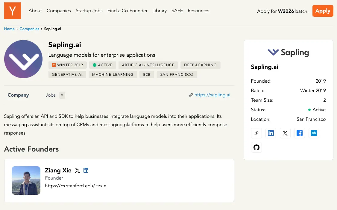 Sapling.ai Y Combinator Profile