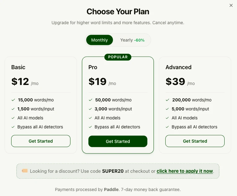 SuperHumanizer pricing