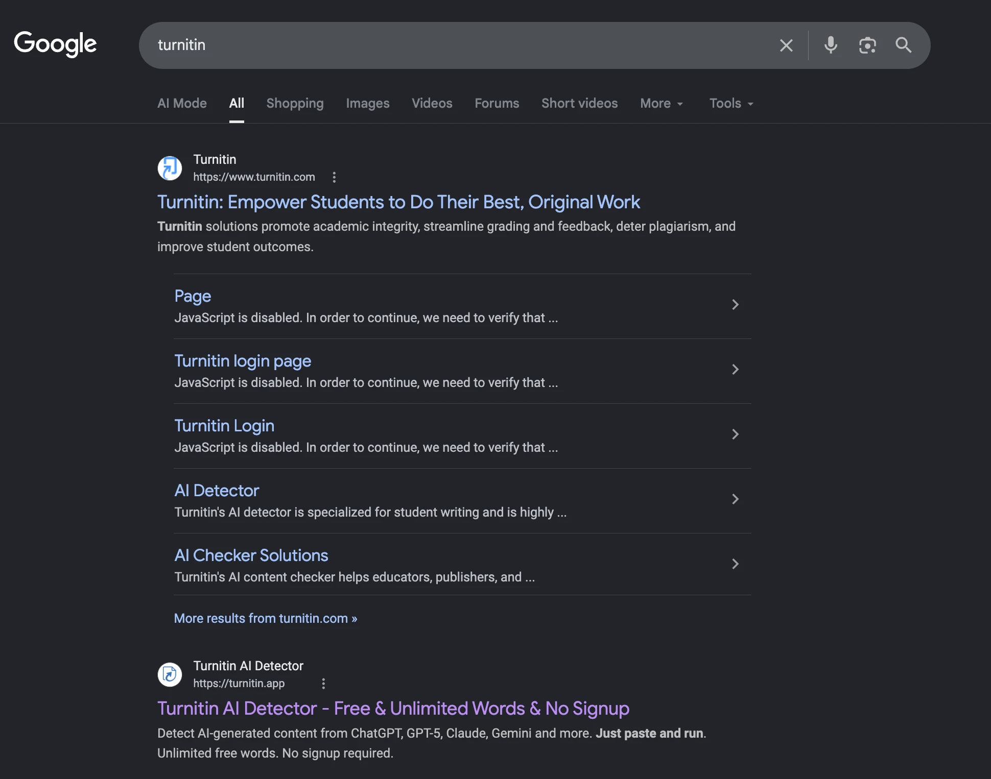 Google results showing Turnitin and Turnitin.app