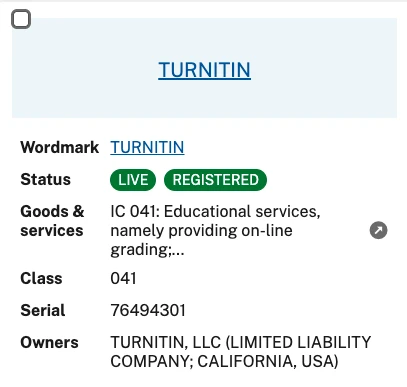 Turnitin trademark registration