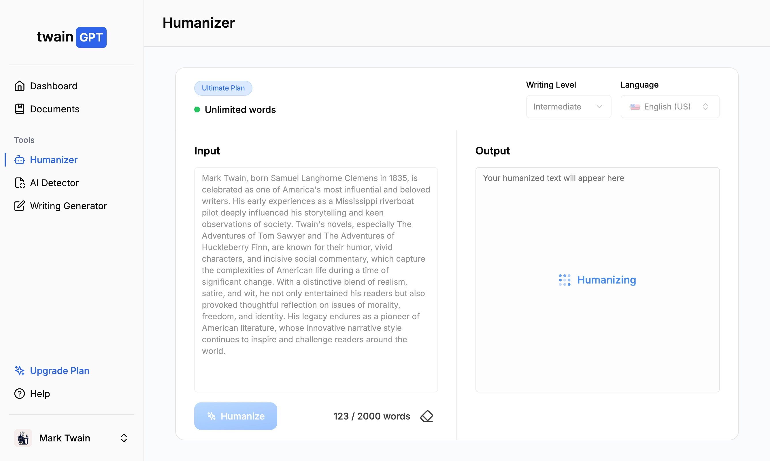 TwainGPT Dashboard Screenshot